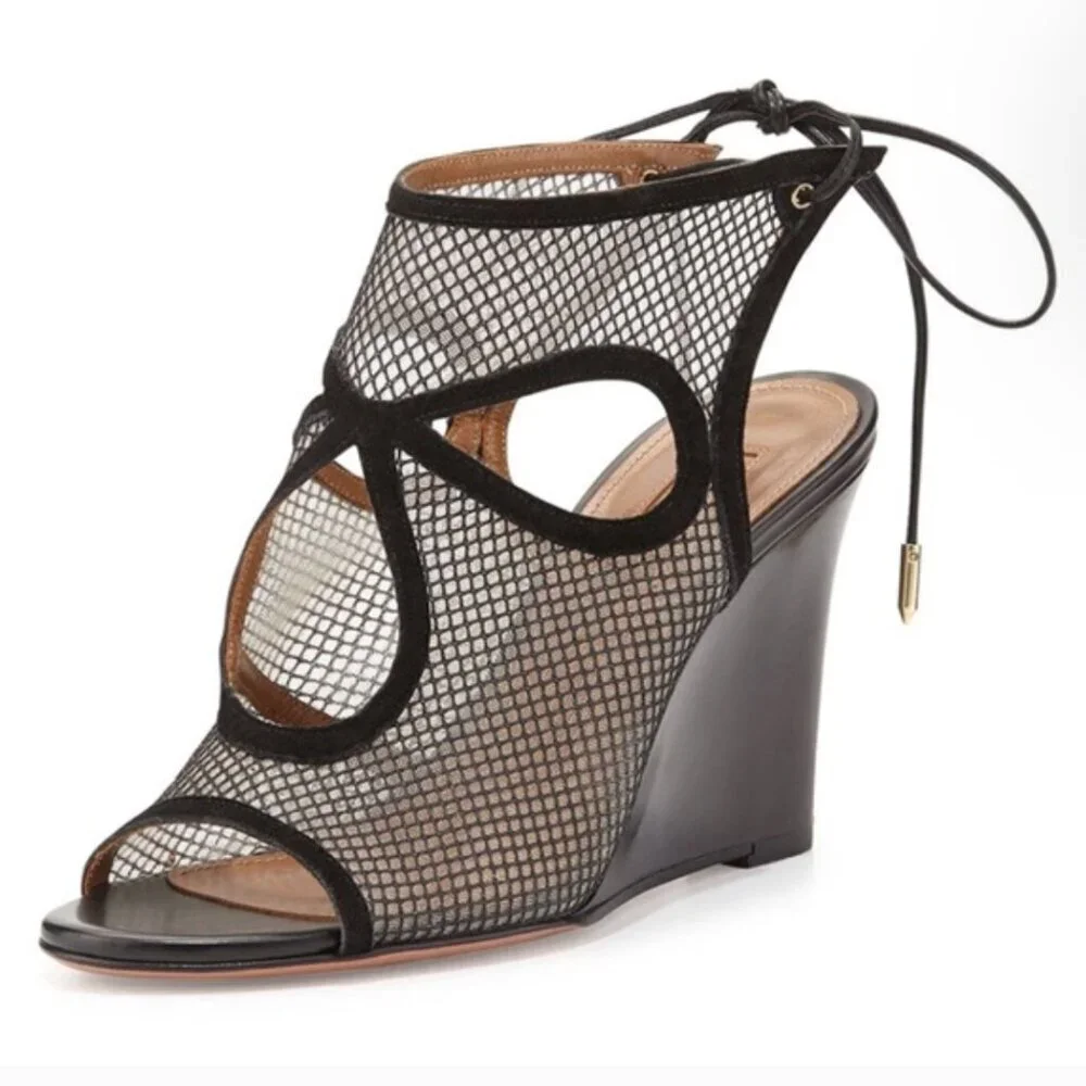 Aquazzura Sexy Thing Suede Wedges Heeled Sandals Open Toe Mesh Black Size 7.5